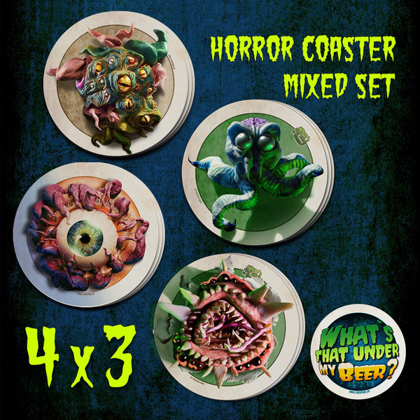Horror Beer Coasters - Mixed Set (All 4 Monsters x3 =12 pcs)