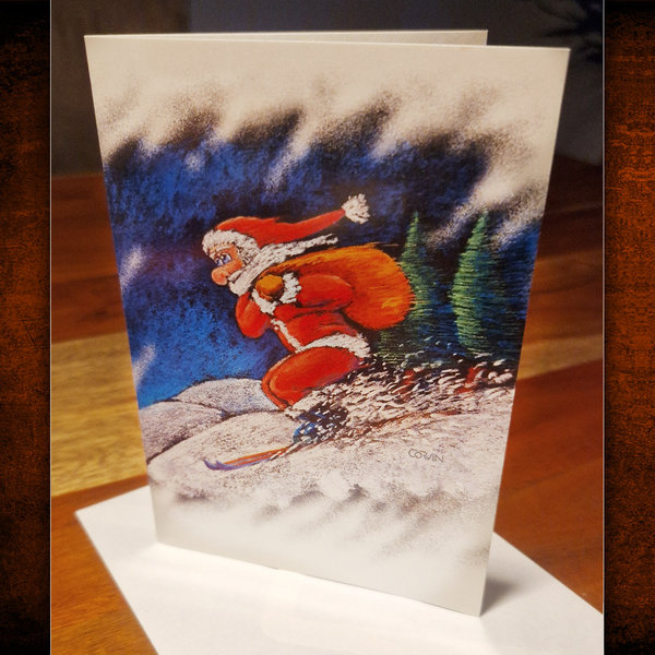 Weihnachtsmann auf Skiern (Klappkarte mit Unschlag)